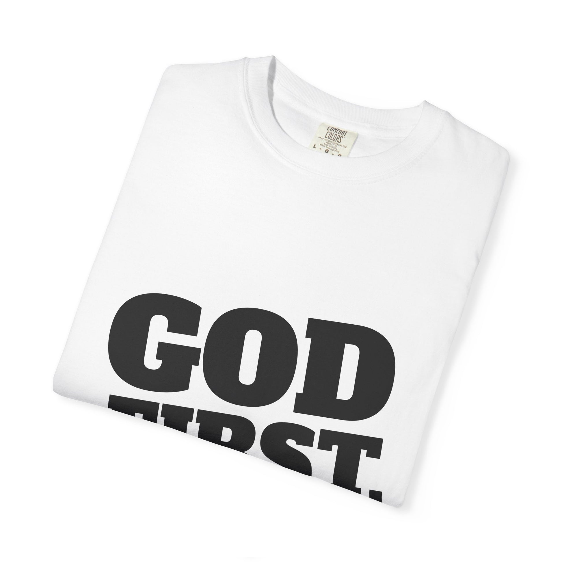 Detail of Garment-Dyed Texture on God First Tee