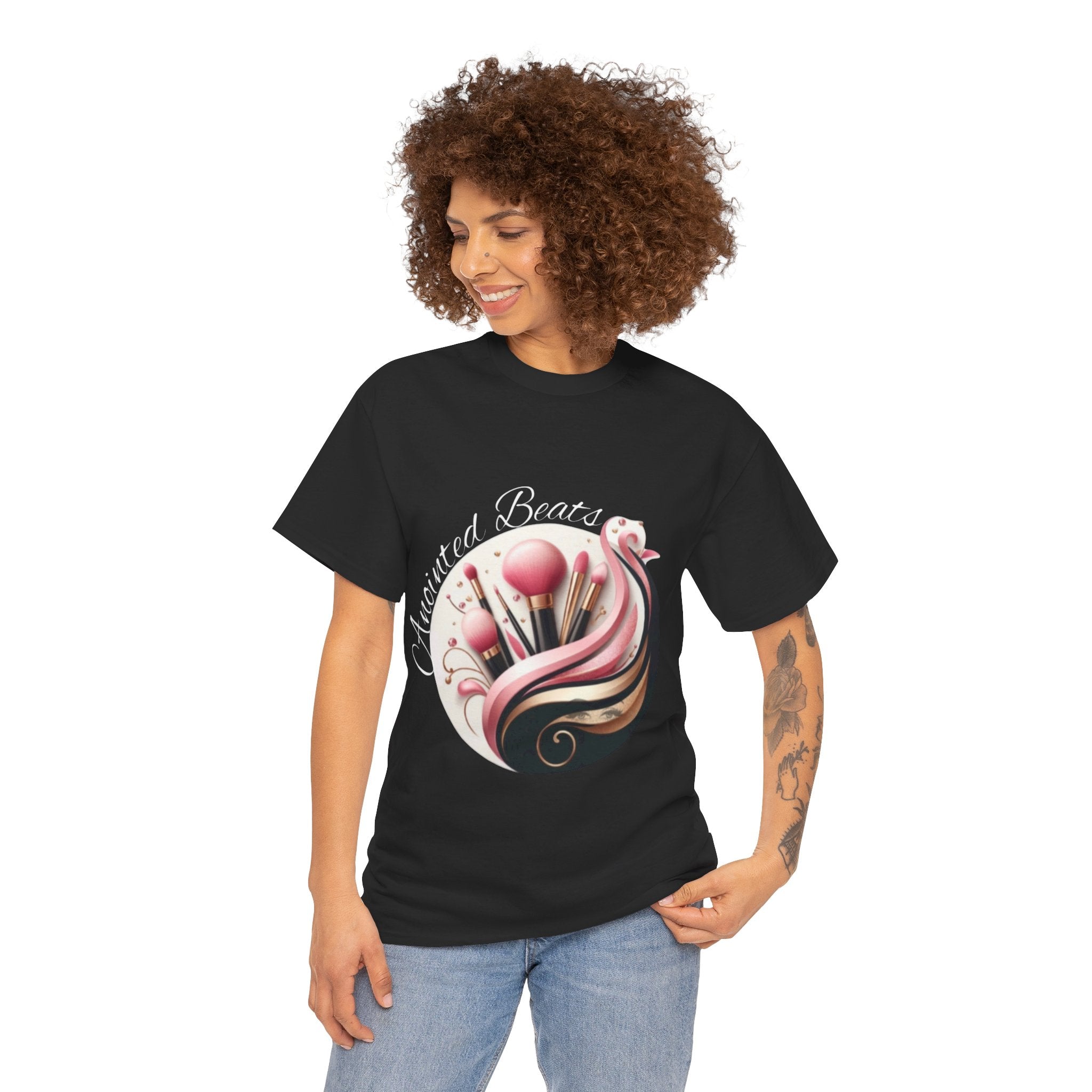 Model Wearing Anointed Beats Makeup Artist T-Shirt Black